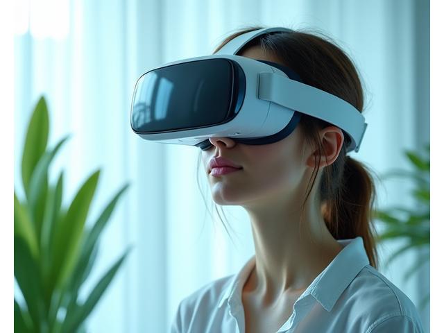 VR 헤드셋을 착용하고 깨끗하게 청소된 가상 공간을 둘러보는 사람